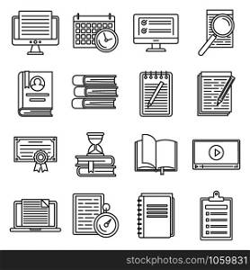Education preparation for exams icons set. Outline set of education preparation for exams vector icons for web design isolated on white background. Education preparation for exams icons set, outline style