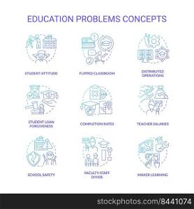 Education problem blue gradient concept icons set. Students issues. Education system challenges idea thin line color illustrations. Isolated symbols. Roboto-Medium, Myriad Pro-Bold fonts used. Education problem blue gradient concept icons set