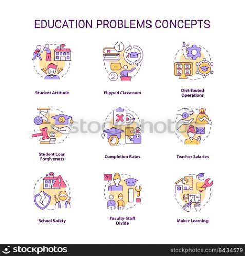 Education problem concept icons set. Students issues. Education system challenges idea thin line color illustrations. Isolated symbols. Editable stroke. Roboto-Medium, Myriad Pro-Bold fonts used. Education problem concept icons set