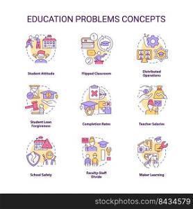 Education problem concept icons set. Students issues. Education system challenges idea thin line color illustrations. Isolated symbols. Editable stroke. Roboto-Medium, Myriad Pro-Bold fonts used. Education problem concept icons set