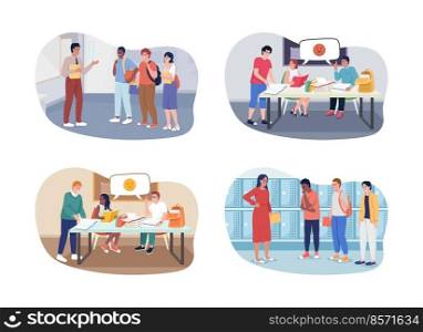 Education process 2D vector isolated illustration set. College students and teachers flat characters on cartoon background. Colourful editable scene for mobile, website, presentation collection. Education process 2D vector isolated illustration set
