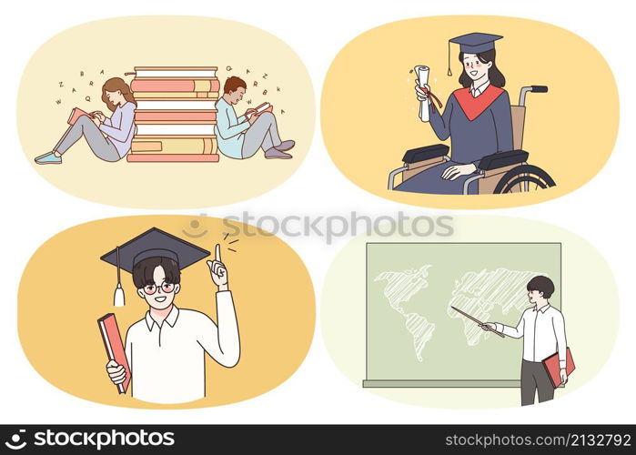 Education process and learning concept. Set of young smiling people students holding diploma with honors graduating from university reading books learning in class vector illustration. Education process and learning concept