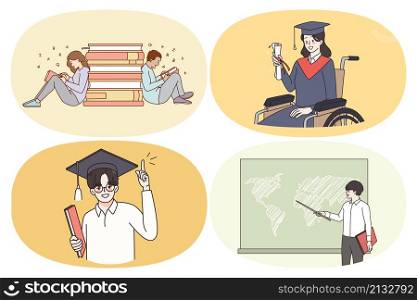 Education process and learning concept. Set of young smiling people students holding diploma with honors graduating from university reading books learning in class vector illustration. Education process and learning concept