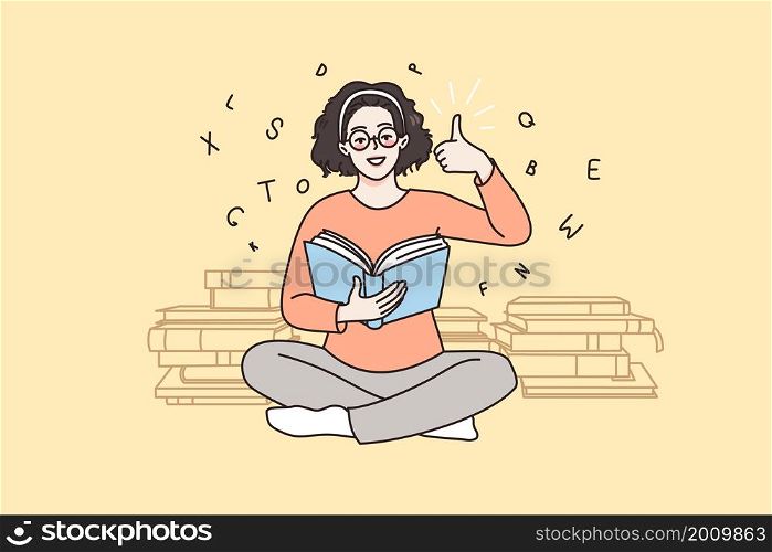 Education process and positive emotions concept. Smiling girl student sitting on floor reading book showing thumbs up sign with fingers vector illustration . Education process and positive emotions concept
