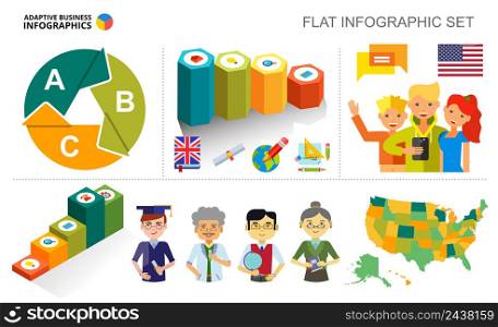 Education process charts template for presentation. Vector illustration. Diagram, graph, infochart. Study, project, communication, knowledge or education concept for infographic, report.