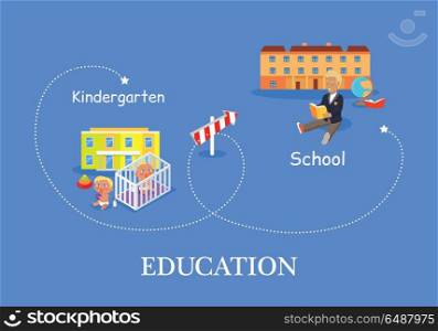Education Process Concept. Education process from kindergarten to school. Two children with nipple play on the floor on the background of kindergarten. Schoolboy with book on the background of school building. Education concept