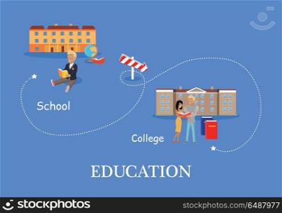 Education Process Concept. Education process from school to college. Schoolboy with book on the background of school building. Two students stand with book on the background of college building. Education concept
