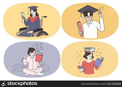 Education reading and knowledge concept. Set of young smiling people students holding diploma with honors graduating from university reading books getting knowledge vector illustration. Education reading and knowledge concept.