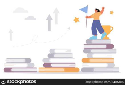 Education, reading, self development concept. Woman with flag in hand stand on top of books pile. Student female character learning, studying, goal achievement, exam Linear flat vector illustration. Education, reading self development linear concept