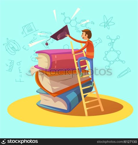 Education retro cartoon. Education retro cartoon concept with boy climbing on books vector illustration