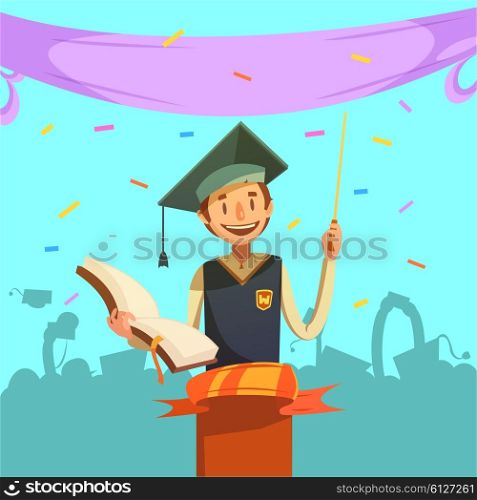 Education retro cartoon. Education retro cartoon with happy graduating pupil holding open textbook vector illustration