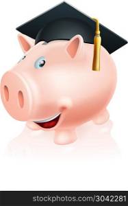 Education savings piggy bank. Illustration of a happy academic education savings piggy bank with mortar board convocation cap on. Concept for saving money for study or similar.. Education savings piggy bank