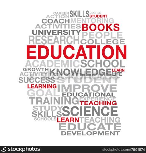 Education, school and learning concept with different red, black and gray words cloud forming a man head shape. EPS 10 vector illustration on white background.