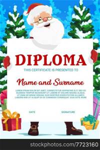 Education school diploma, kindergarten christmas certificate with vector Santa, gifts and fir trees. Kids diploma with xmas character on winter snow landscape background, cartoon award frame template. Education school diploma, christmas certificate