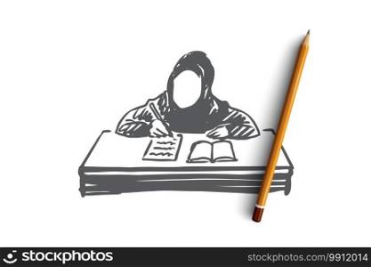 Education, school, learning, muslim, arab, child concept. Hand drawn muslim girl learning with book concept sketch. Isolated vector illustration.. Education, school, learning, muslim, arab, child concept. Hand drawn isolated vector.