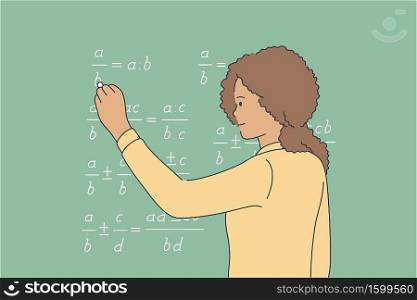 Education, school, study, solution, knowledge concept. Young pensive thoughtful african american schoolgirl child kid standing near blackboard and solving math equation with chalk. Educational process. Education, school, study, solution, knowledge concept
