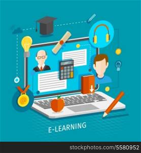 Education school university e-learning flat concept with laptop and graduation icons vector illustration.
