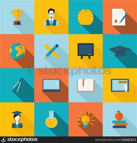 Education school university e-learning flat icons set with graduation hat book flask isolated vector illustration
