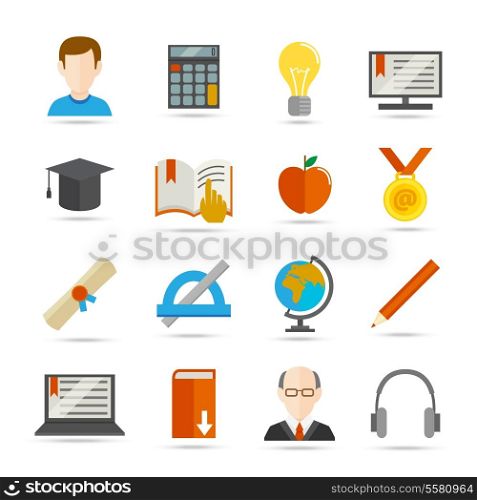Education school university e-learning flat icons set with graduation science computer elements isolated vector illustration