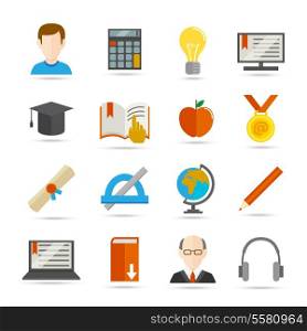 Education school university e-learning flat icons set with graduation science computer elements isolated vector illustration