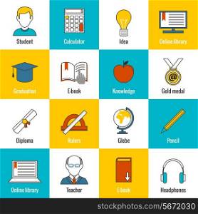 Education school university e-learning flat line icons set with ruler ebook diploma and isolated vector illustration
