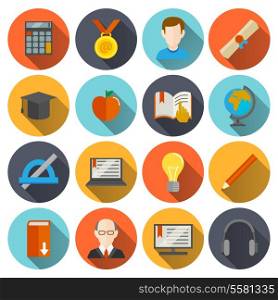 Education school university e-learning flat long shadow icons set with science elements isolated vector illustration