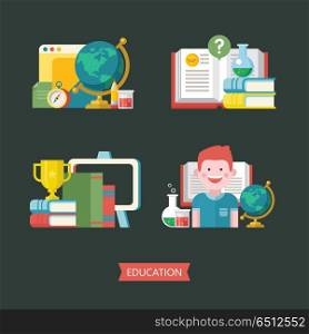 Education, school. Vector emblem, logo.. Set of vector emblems of education. Cheerful student, open book, textbooks, globe, stacks of books, blackboard, compass, chemical flasks.