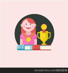 Education, school. Vector emblem, logo.. Vector emblem in flat style. Cheerful girl with a medal. Books and sports Cup.