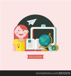 Education, school. Vector emblem, logo.. Vector emblem of education. Logo of school, College. Girl student on the background of the blackboard, an open book. Globe and compass. Attributes of learning.