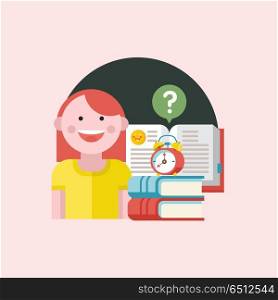 Education, school. Vector emblem, logo.. Vector emblem of education. Logo of school, College. Funny student with books and laptop. On the stack of books is an alarm clock to the morning the girl was not late for school.