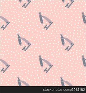 Education seamless pattern with creative biology microscope elements. Labaratory ornament on pink dotted background. For wallpaper, textile, wrapping paper, fabric print. Vector illustration.. Education seamless pattern with creative biology microscope elements. Labaratory ornament on pink dotted background.