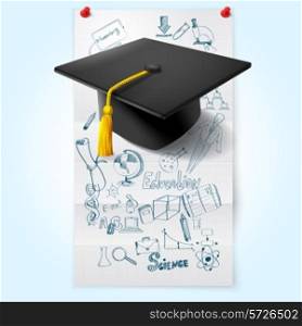 Education sketch on paper sheet with graduation hat vector illustration