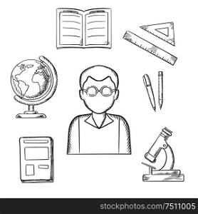 Education sketched design with a teacher surrounded by a notebook and pen, ruler, book, open classwork, microscope and globe. Sketch style vector. Education sketched design with school items