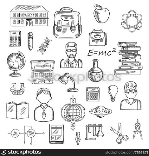 Education sketches with school and books, pencil and notebook, globe, laptop or calculators, teacher and apple, light bulb, backpacks, formula, scissors, compasses, lamp, laboratory tubes, models of DNA, atom, magnet, planet and earth magnetic field. School and education sketch icons