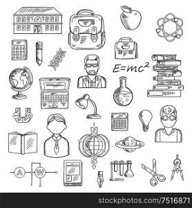 Education sketches with school and books, pencil and notebook, globe, laptop or calculators, teacher and apple, light bulb, backpacks, formula, scissors, compasses, lamp, laboratory tubes, models of DNA, atom, magnet, planet and earth magnetic field. School and education sketch icons