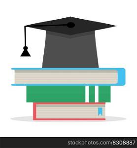 Education, stack of books and hat. Pile of books, stack of books isolated. Vector illustration. Education, stack of books and hat