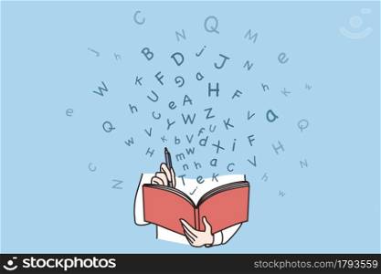 Education, study, knowledge and information concept. Student learning with book reading with letters flying around vector illustration . Education, study, knowledge and information concept