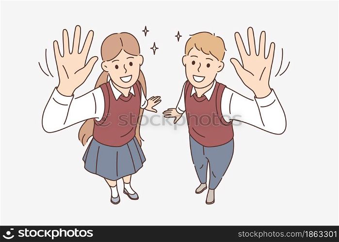 Education, studying and knowledge concept. Smiling boy and girl students pupils standing waving hands looking at camera showing excitement vector illustration . Education, studying and knowledge concept
