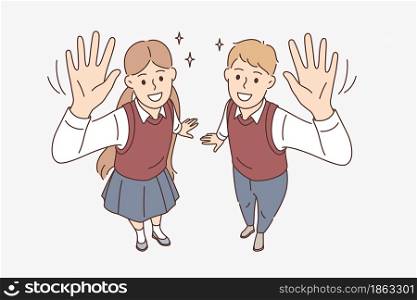 Education, studying and knowledge concept. Smiling boy and girl students pupils standing waving hands looking at camera showing excitement vector illustration . Education, studying and knowledge concept