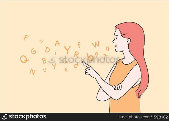 Education, teaching, speech therapy concept. Young happy woman therapist cartoon character articulating on logopedic treatment session. Learning alphabet letters at school or kindergarten illustration. Education, teaching, speech, therapy concept