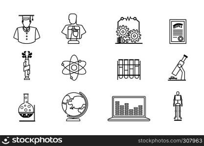 Education thin line vector icons. Graduate and diploma, atom structure and online learning. Education line icons