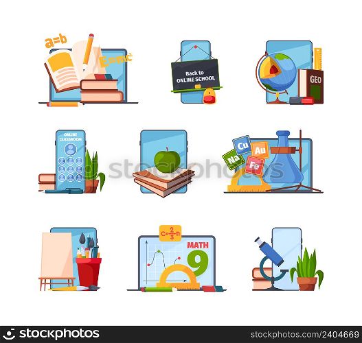 Education tools. Back to school items for distance education smart gadgets of students learning time commputers notebooks tablets vector school. Illustration education tool calculator and smartphone. Education tools. Back to school items for distance education smart gadgets of students learning time object commputers notebooks tablets garish vector school collection