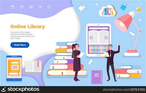Education, training and courses, learning via Internet concept. Online library, electronic book storage. Smartphone library, online learning content. Educational website landing page template. Online library, electronic book storage. Educational website for reading, learning via Internet