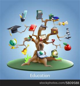 Education tree concept. Education and study tree concept with laptop and graduation certificate on blue background cartoon vector illustration