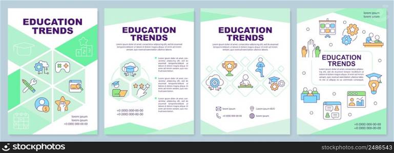 Education trends green brochure template. Learning innovations. Leaflet design with linear icons. 4 vector layouts for presentation, annual reports. Arial-Black, Myriad Pro-Regular fonts used. Education trends green brochure template