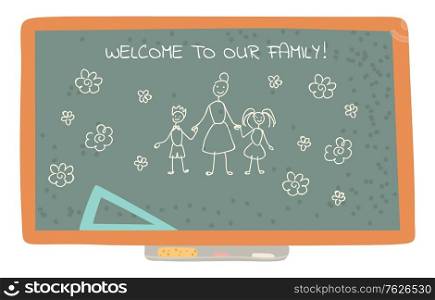 Education vector, blackboard with drawing made with chalk. Welcome to your class, teacher and kids, flowers and floral elements. Flat style board. Back to school concept. Flat cartoon. Welcome to Our Class Blackboard with Drawing Vector