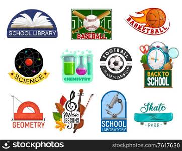 Education vector icons of back to school, science, music and sport lessons design. Book, chemical laboratory microscope, tubes and flask, soccer, basketball, baseball balls and bats, ruler and violin. Education icons of back to school and science