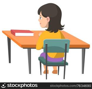 Education vector, isolated kid sitting by table with book. Female character student in classroom, wooden furniture and pupil on lessons, back to school concept. Flat cartoon. Schoolgirl Sitting by Table with Book Textbook