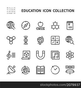 Education vector linear icons. Geography, history, chemistry, physics, biology, mathematics, astronomy, literature and much more. Vector symbol set of education for web sites white background.. Education vector linear icons. Isolated collection of educational icons for websites. Vector symbol set of education white background.