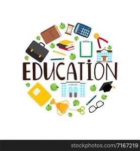 Education vector round banner with stationery, books, buildings icons. Education round banner with stationery